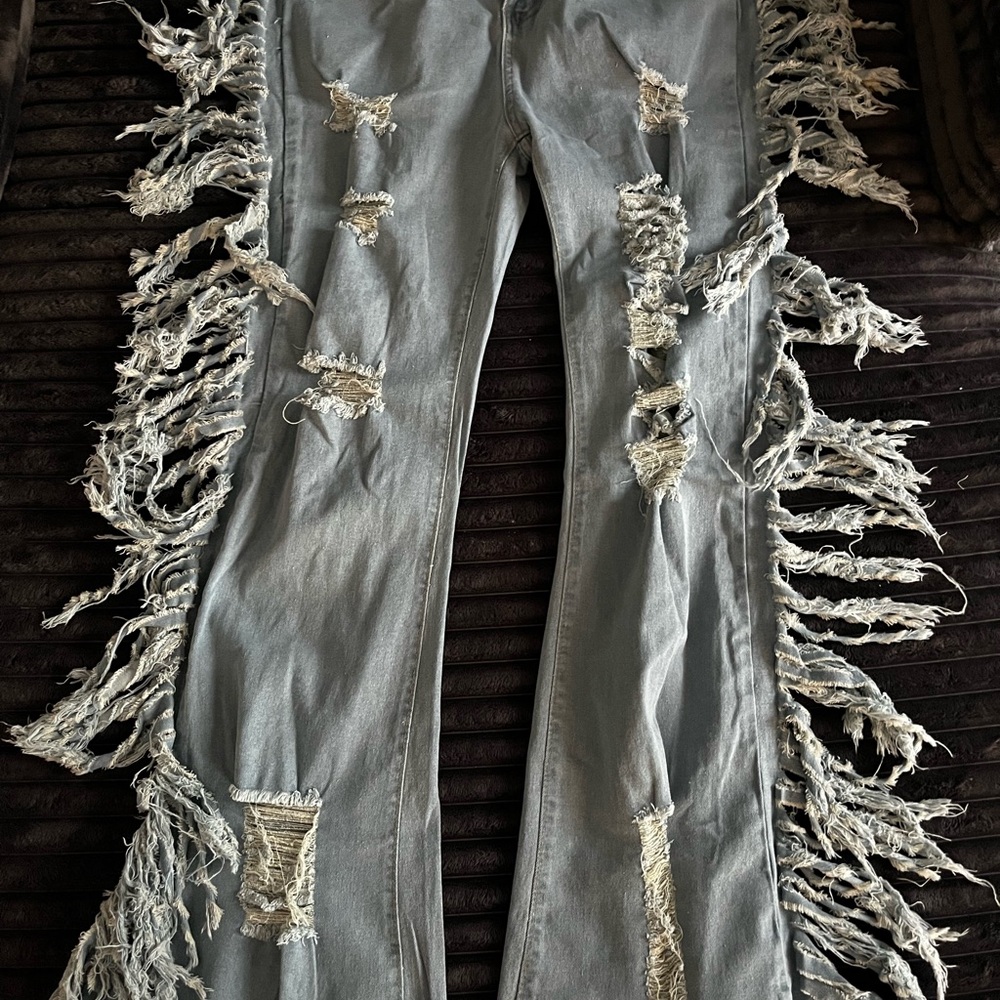Fashion Nova Distressed Fringe Flare Jeans - Light Blue